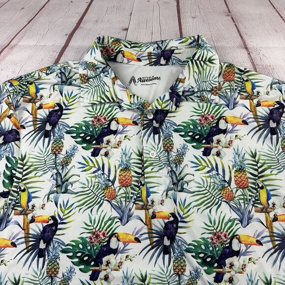 Royal & Awesome Polo Shirt Mens Tropical Stretch Bird Parrot Pineapple Golf XL - Picture 1 of 9